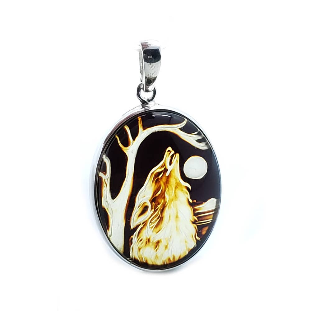 Hand Carved Amber Cameo Pendant with Wolf And Moon