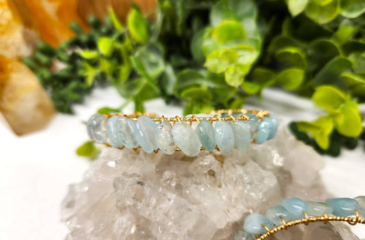 Aquamarine Wire Wrapped Bangle Cuff with 18 Karat Gold Overlay