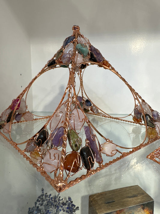 Pyramid Copper Wire Sculpture With Assorted Gemstones (Large)