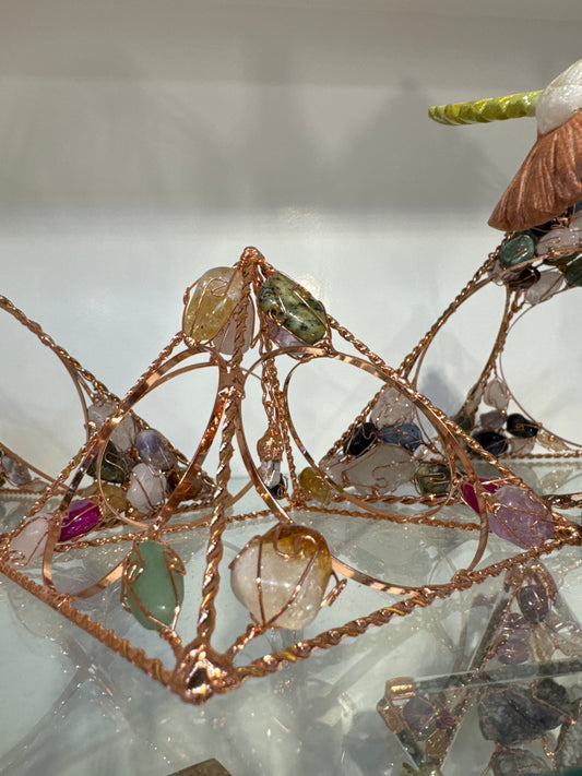 Pyramid Copper Wire Sculpture With Assorted Gemstones (Small)