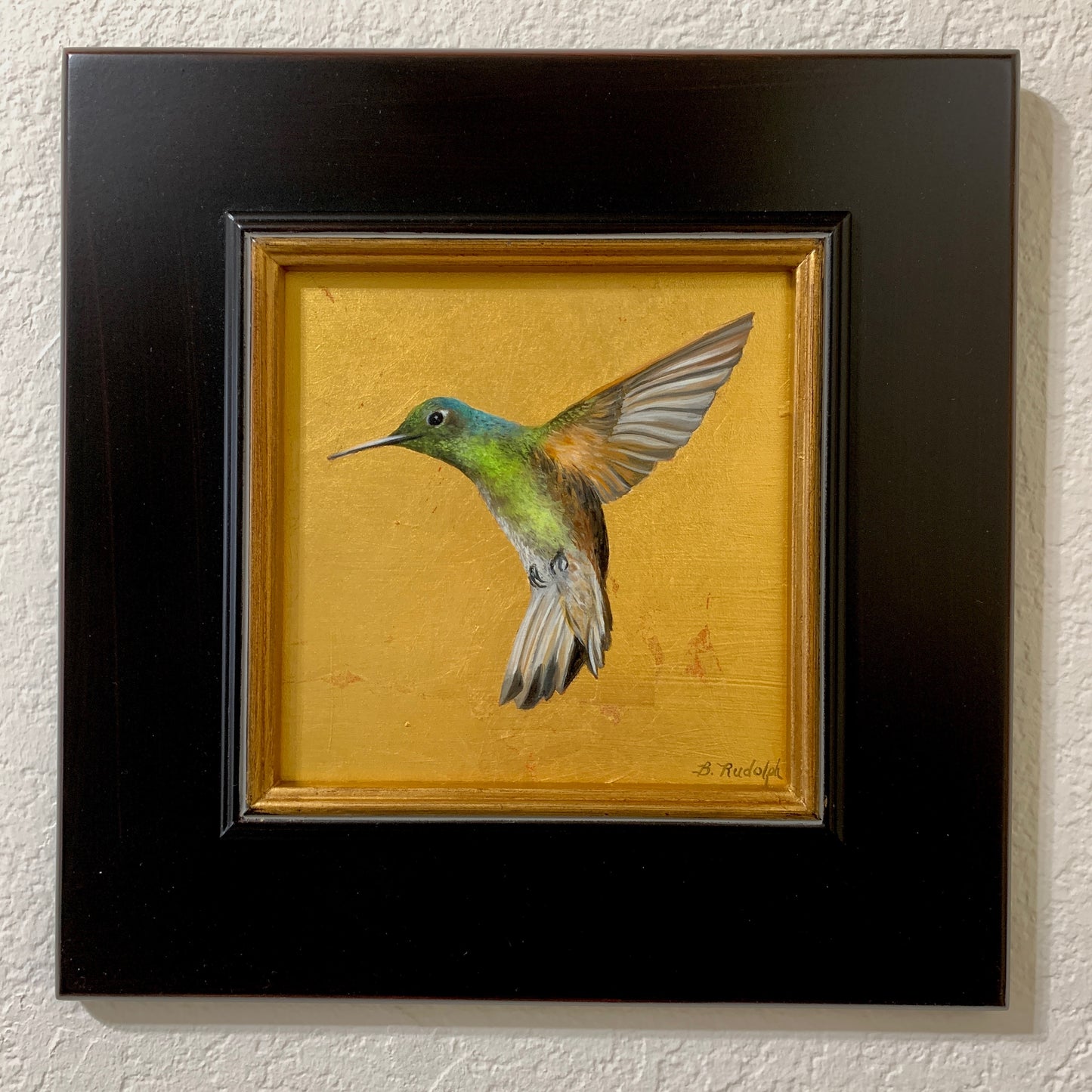 Square Hummingbird Painting On Gold Leaf by Barbara Rudolph