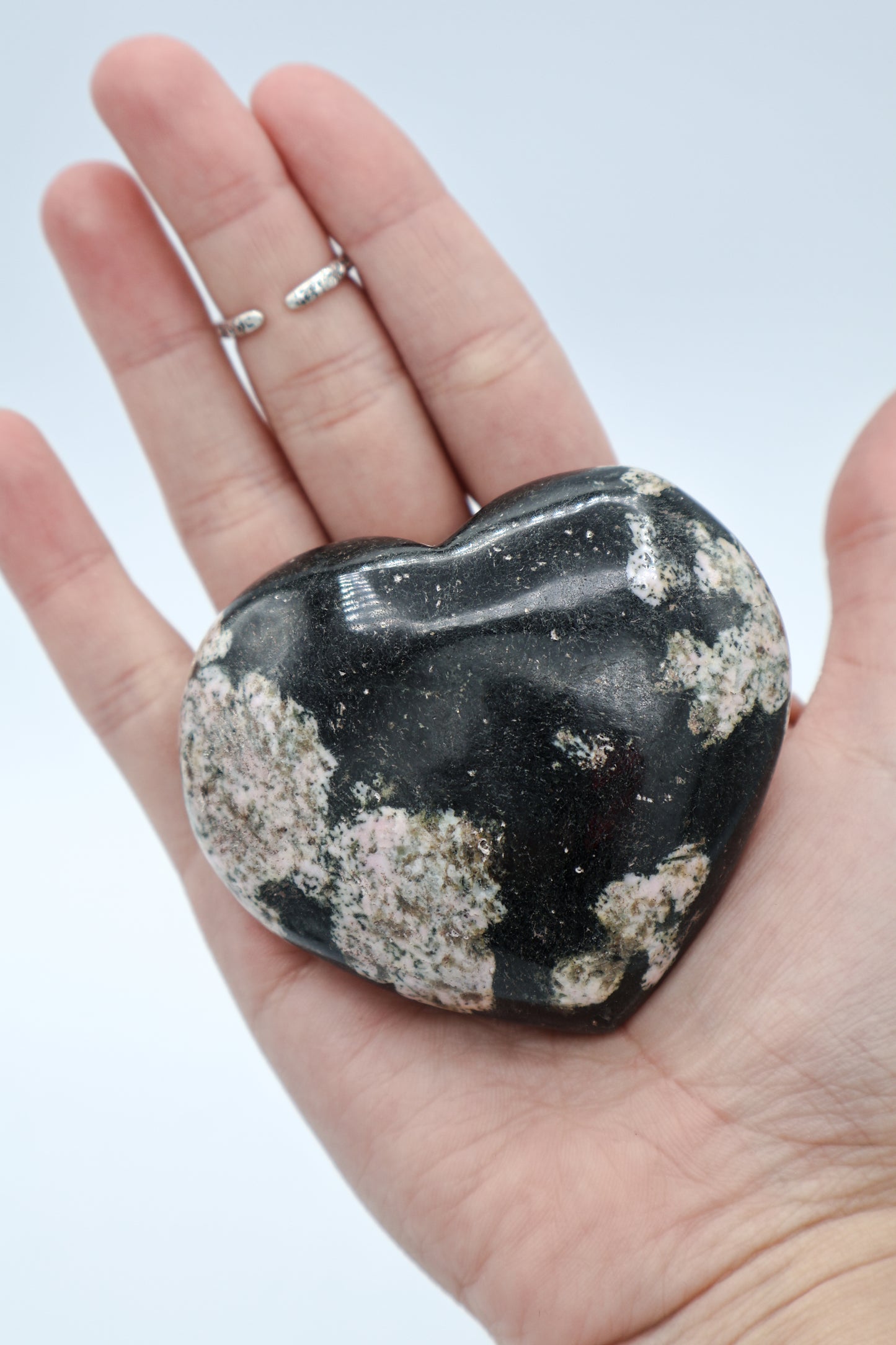 Polished Black Jade with Pink Thulite Crystal Heart