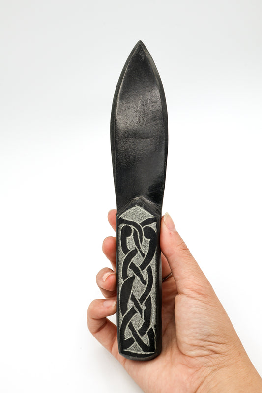 7" Black Soapstone Athame Cord Cutting Knife with Celtic Handle Design