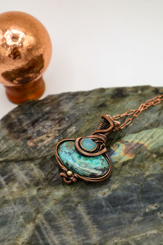 Chrysocolla Handmade Copper Wrapped Pendant with Gemstone