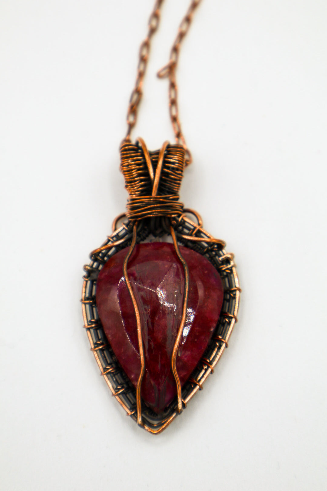 Faceted Kashmir Ruby Handmade Copper Wrapped Pendant with Necklace