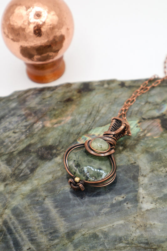 Moss Prehnite Handmade Copper Wrapped Pendant with Necklance