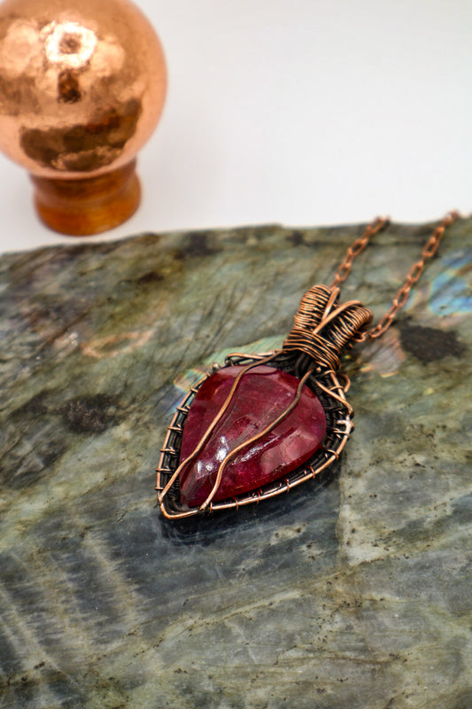 Faceted Kashmir Ruby Handmade Copper Wrapped Pendant with Necklace