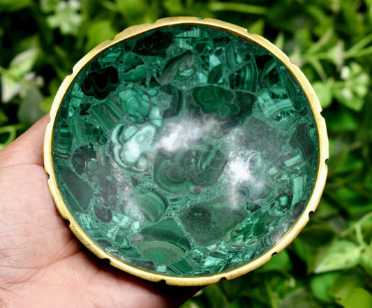 4" Malachite Crystal Round Bowl with Gold Rim