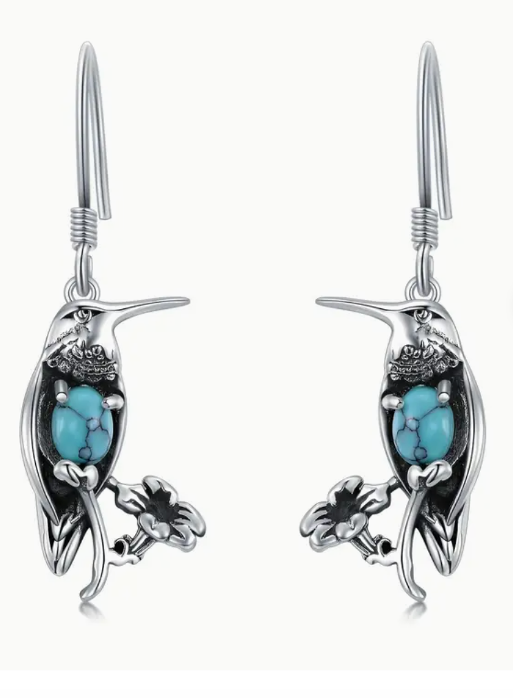 Turquoise Hummingbird Sterling Silver Earrings Dangle Drop Earrings