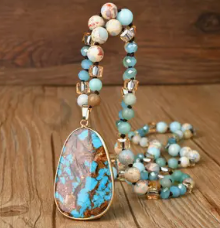 Long Gemstone Bead Strands with Large Pendant Bohemian Style