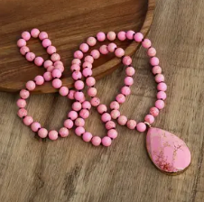 Long Gemstone Bead Strands with Large Pendant Bohemian Style