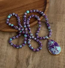 Long Gemstone Bead Strands with Large Pendant Bohemian Style