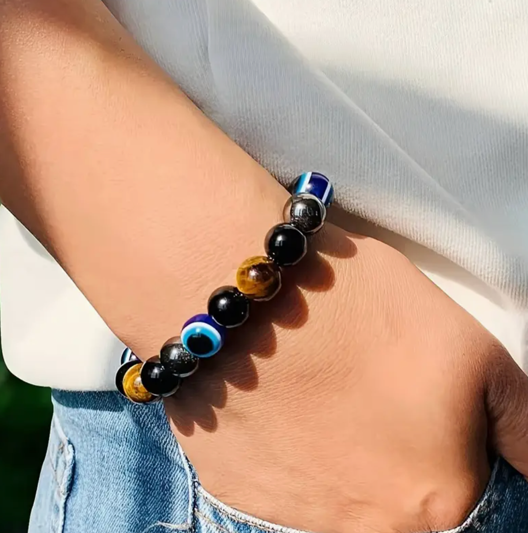 Tri Color Tiger Eye Woven Adjustable Bracelet, Devil'S Eye - Evil Eye - Onyx Stone