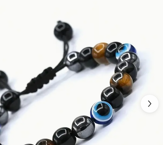 Tri Color Tiger Eye Woven Adjustable Bracelet, Devil'S Eye - Evil Eye - Onyx Stone