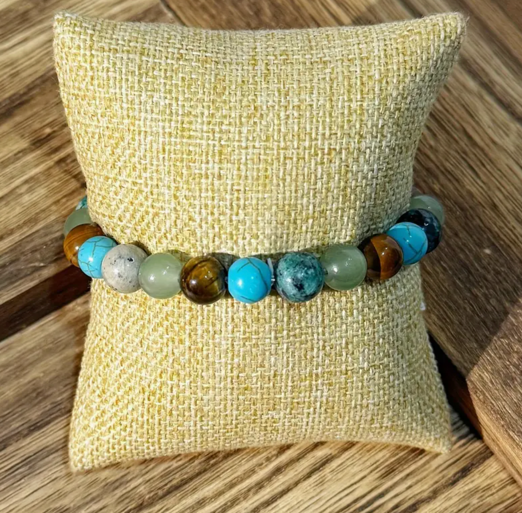 Anxiety Bracelet | African Celestite, Tiger Eye, Turquoise, Crocodile Kambaba