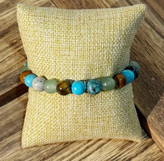 Anxiety Bracelet | African Celestite, Tiger Eye, Turquoise, Crocodile Kambaba