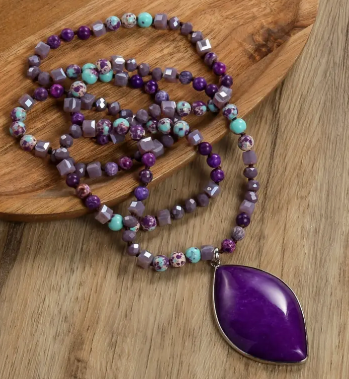 Long Gemstone Bead Strands with Large Pendant Bohemian Style
