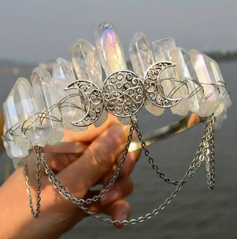 Natural Crystal Gemstone Headband | Witch Crown and Moon Design