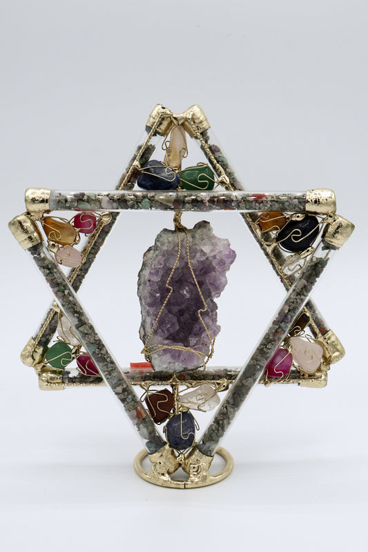 Star Of David Copper Wire Sculpture With Assorted Gemstones (Medium)