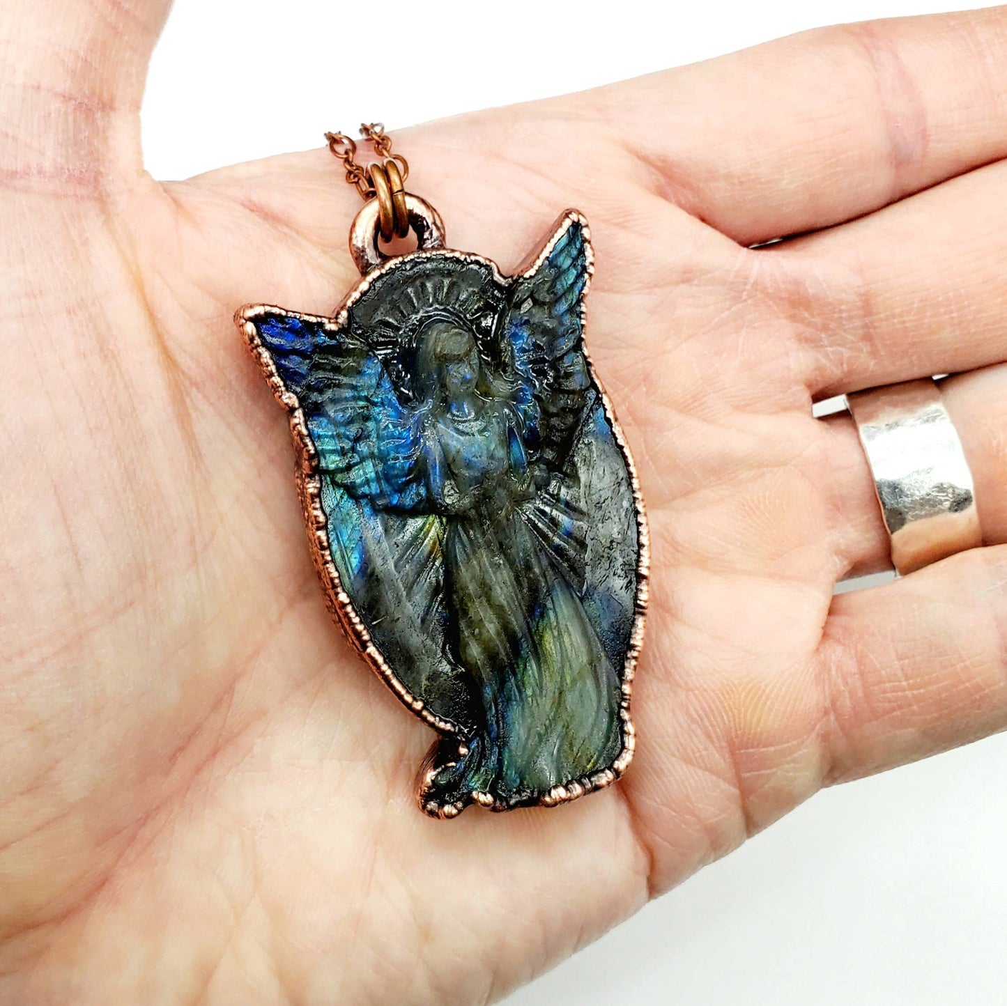 Hand Carved Guardian Angel Copper Wrapped Green Fire Labradorite Necklace