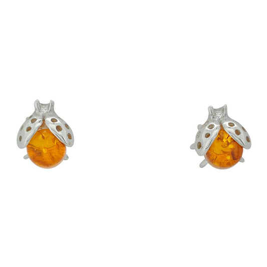 Cognac Amber Sterling Silver Ladybug Stud Earrings