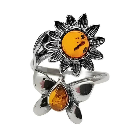 Cognac Amber Sunflower Butterfly Sterling Silver Ring