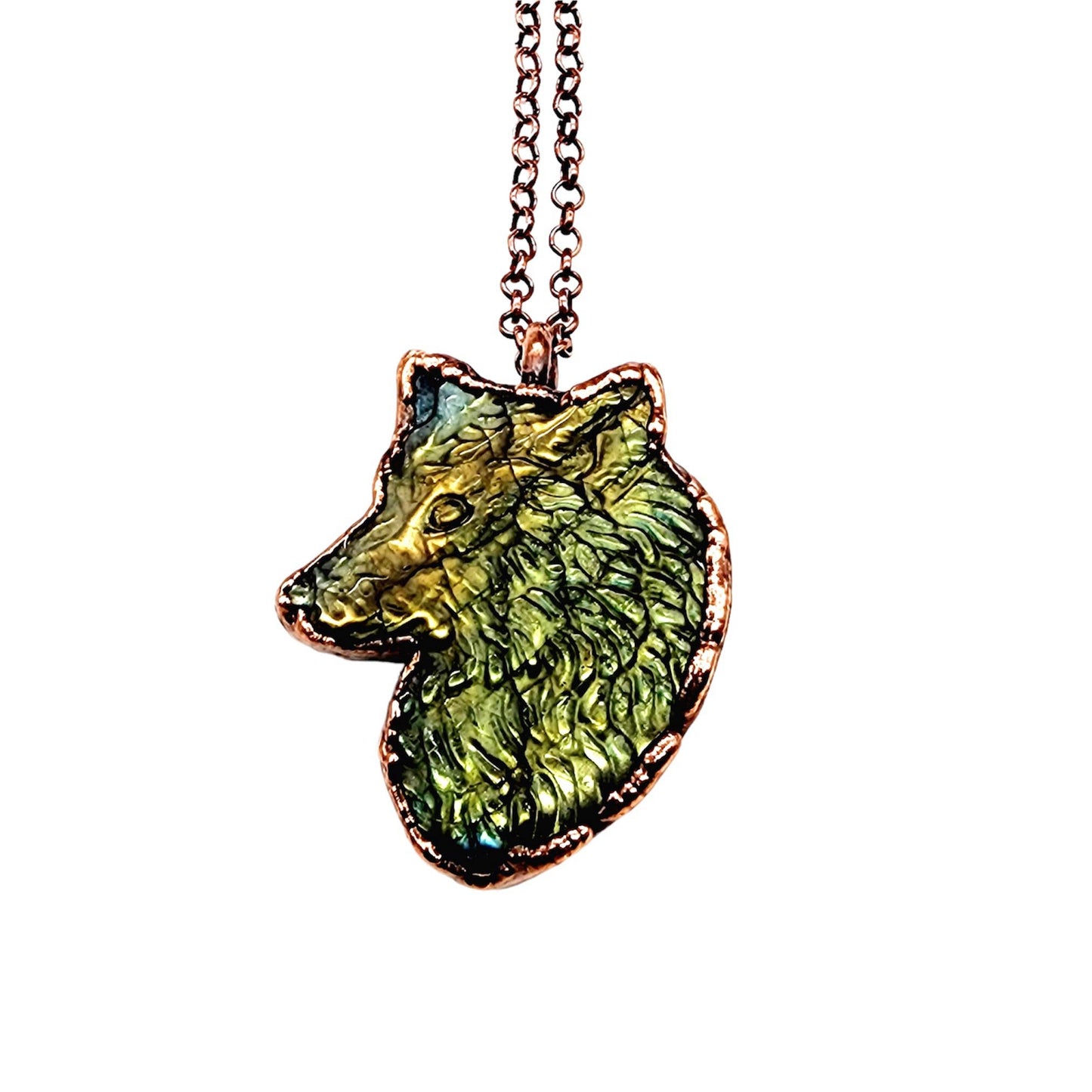 Carved Wolf Copper Wrapped Green Fire Labradorite Necklace