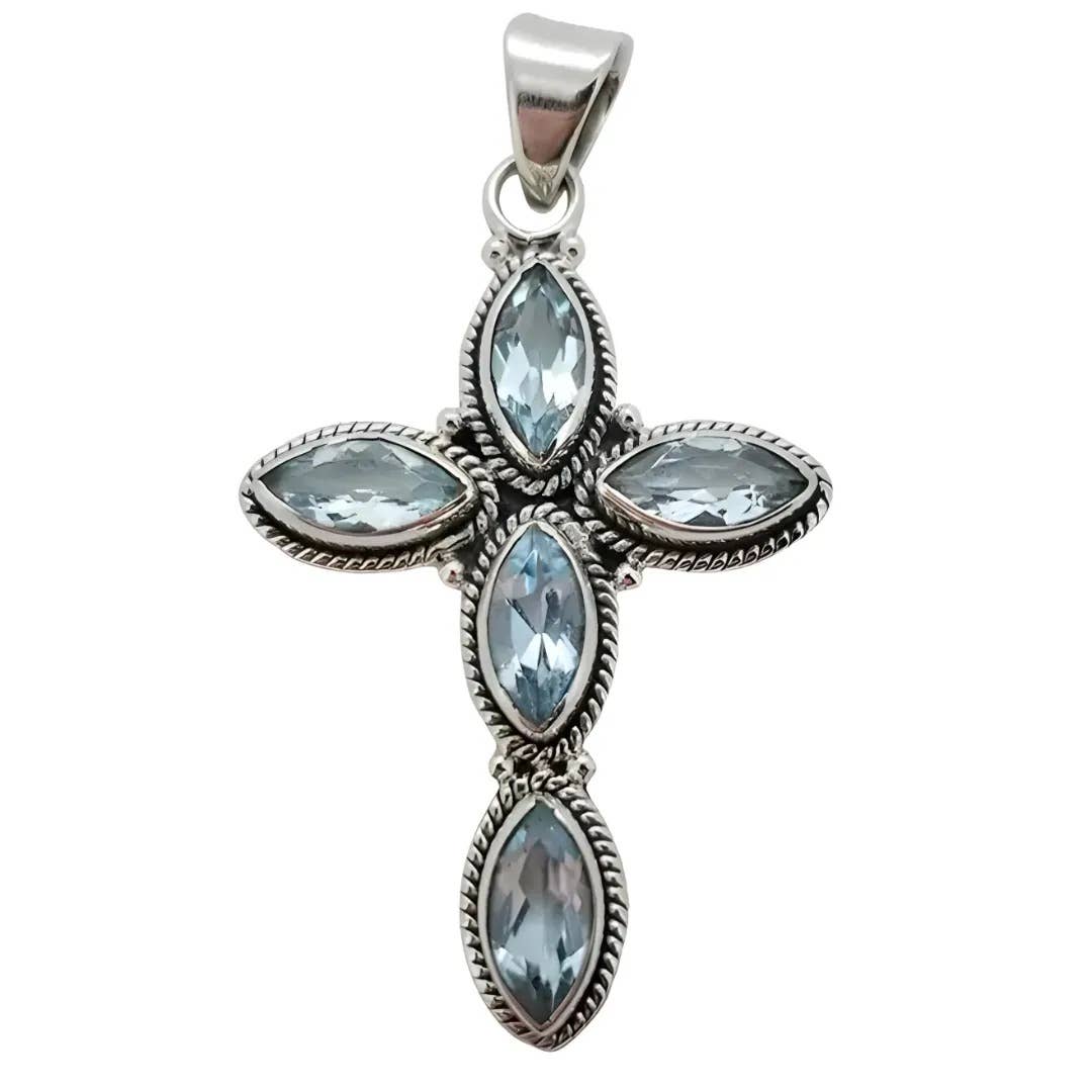 Faceted Blue Topaz Sterling Silver Cross Pendant