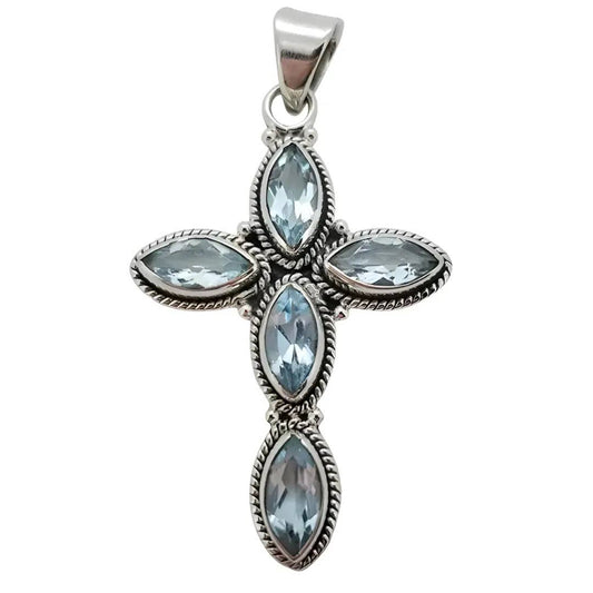 Faceted Blue Topaz Sterling Silver Cross Pendant