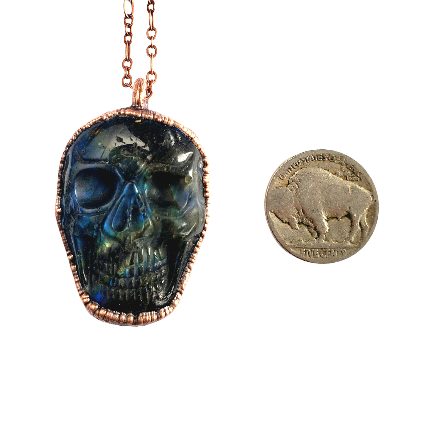 Carved Skull Copper Wrapped Green Fire Labradorite Necklace