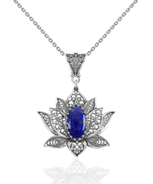 Lapis Lazuli Filigree Lotus Sterling Silver Pendant with Necklace