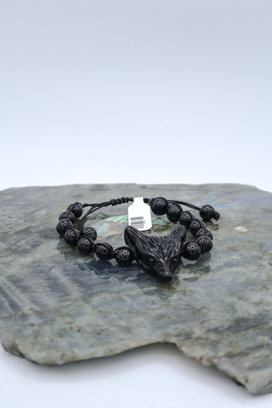 Black Onyx Wolf Spirit Animal Woven Gemstone Bracelet