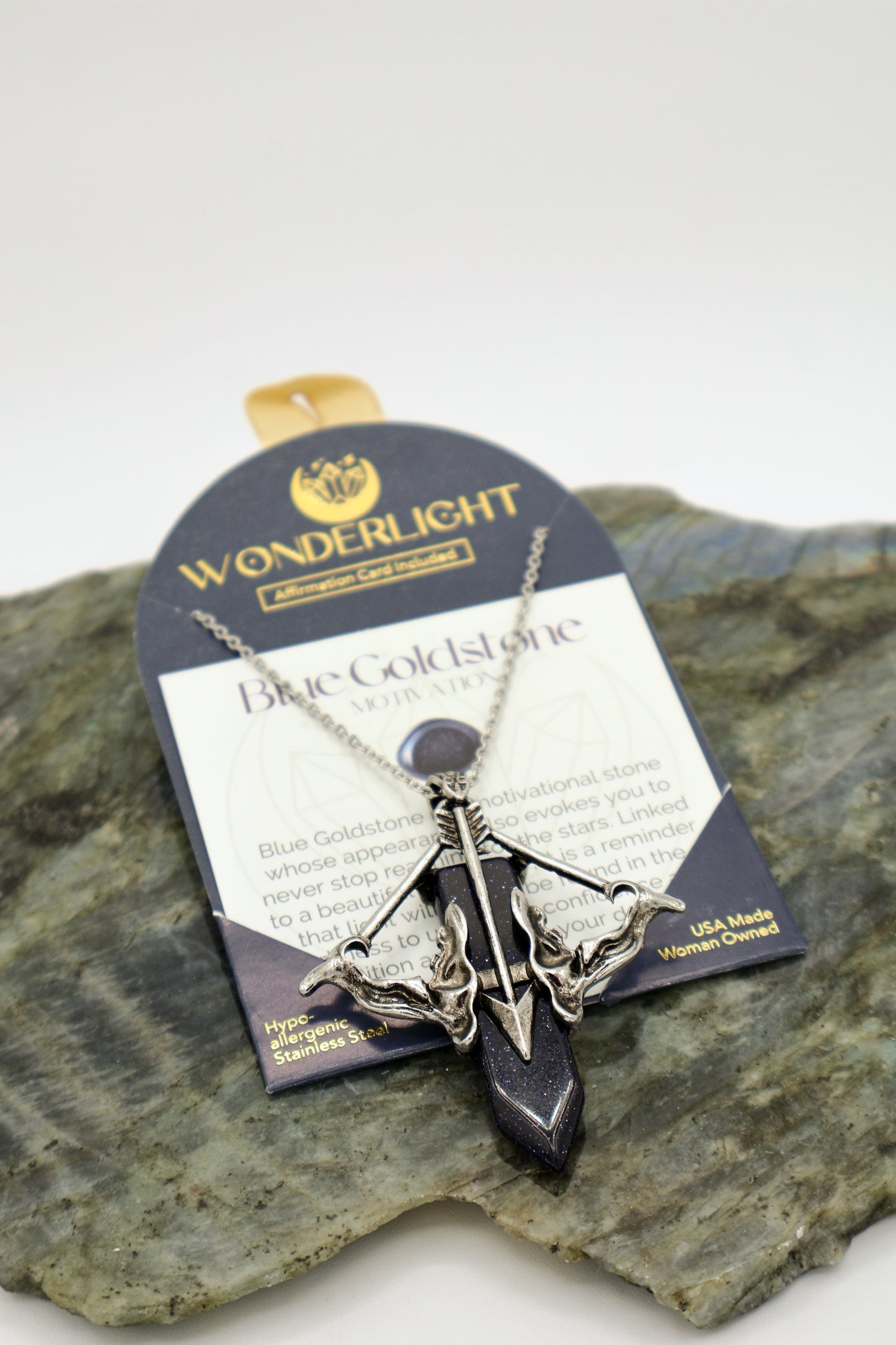 Blue Goldstone Bow and Arrow Motivation Gemstone Necklace