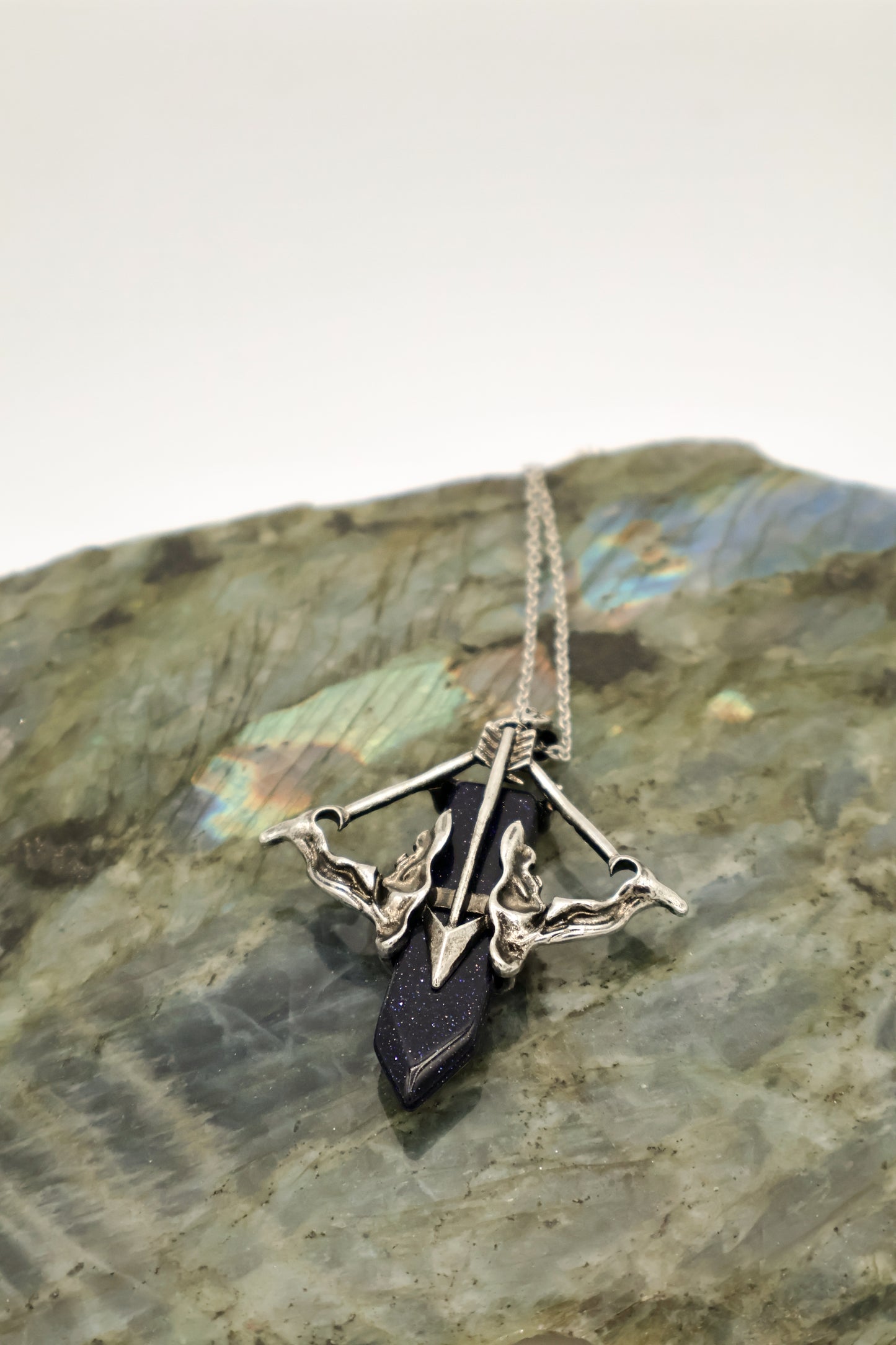 Blue Goldstone Bow and Arrow Motivation Gemstone Necklace