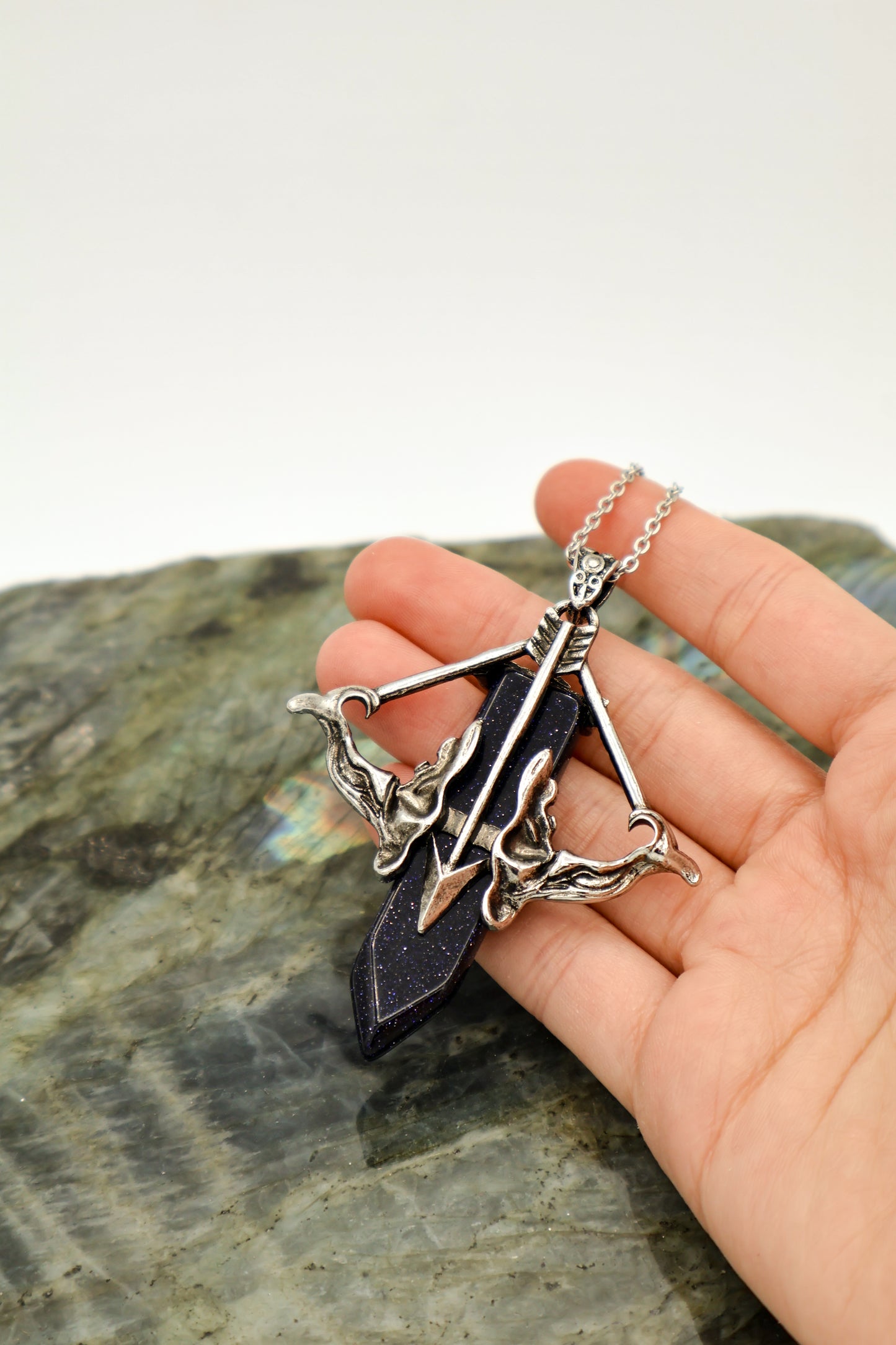 Blue Goldstone Bow and Arrow Motivation Gemstone Necklace