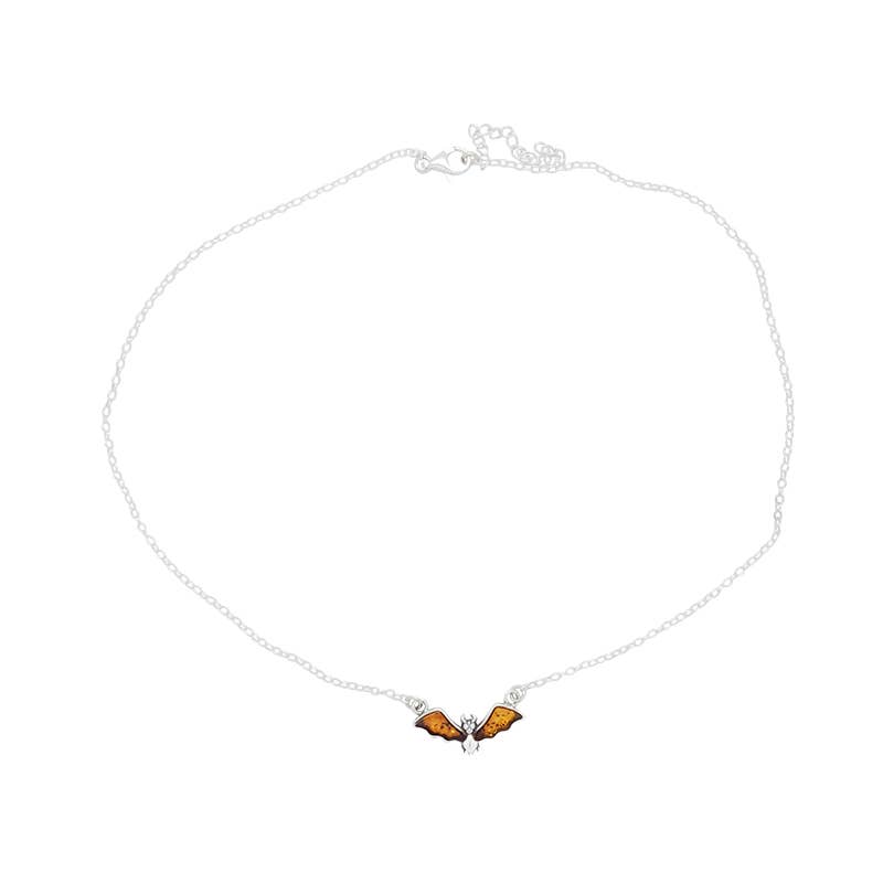 Cognac Amber Bat Sterling Silver Necklace
