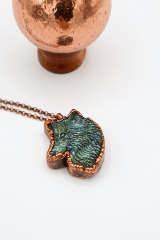 Carved Wolf Copper Wrapped Green Fire Labradorite Necklace