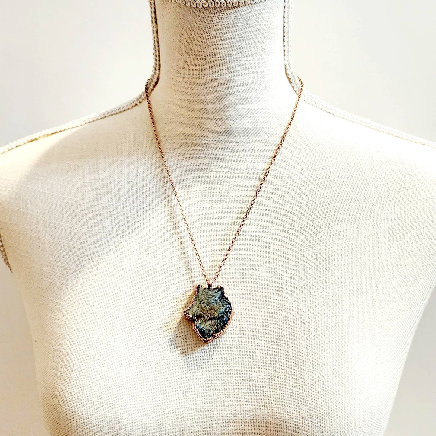 Carved Wolf Copper Wrapped Green Fire Labradorite Necklace