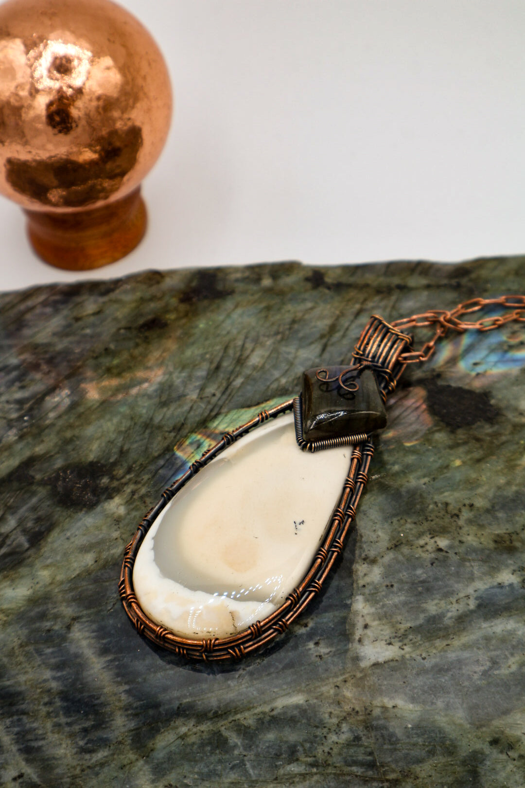 Dendrite Opal with Blue Fire Labradorite Handmade Copper Wrapped Pendant with Gemstones