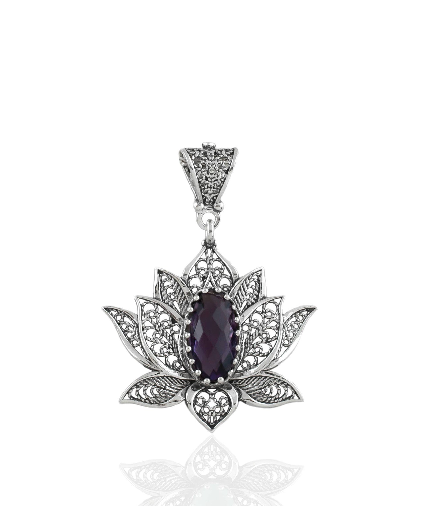 Amethyst Filigree Lotus Sterling Silver Pendant with Necklace