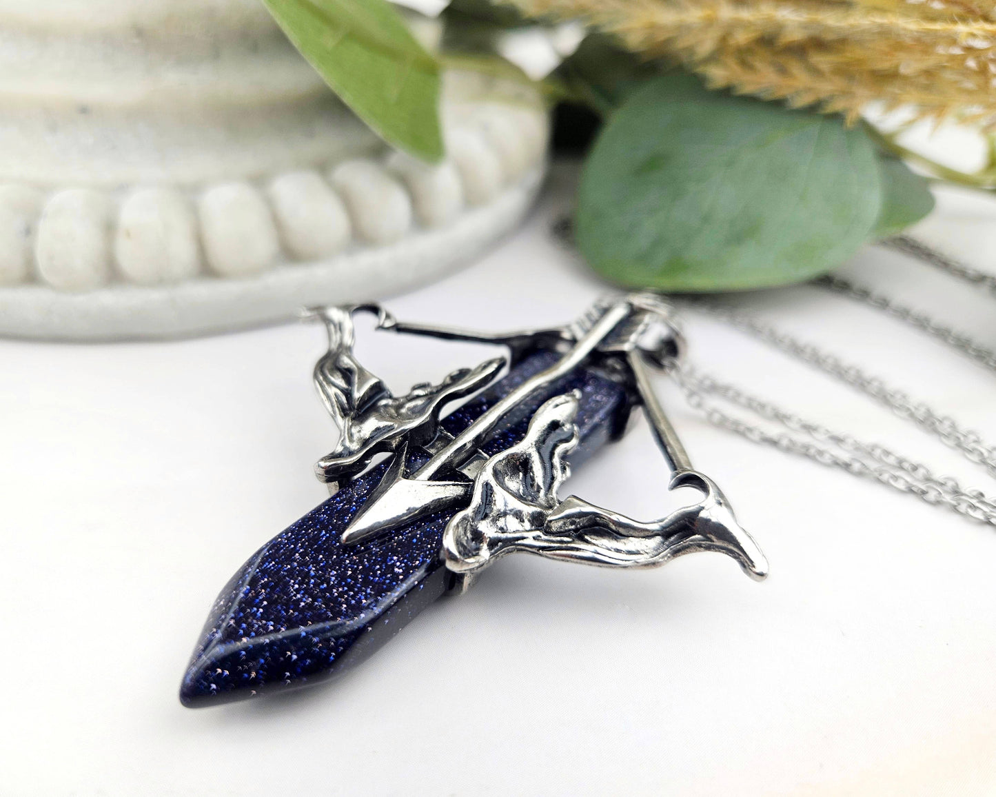 Blue Goldstone Bow and Arrow Motivation Gemstone Necklace