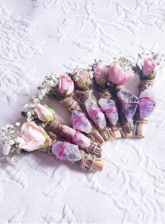 Amethyst, Lavender, Rose and Palo Santo Smudge Stick With Crystal