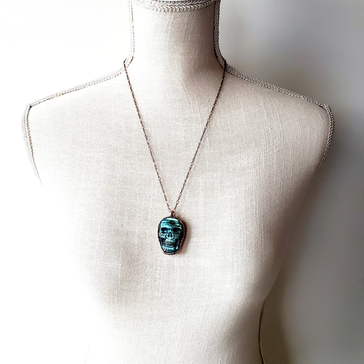 Carved Skull Copper Wrapped Green Fire Labradorite Necklace