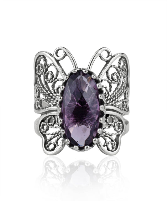 Amethyst Filigree Butterfly Sterling Silver Ring | Size 6