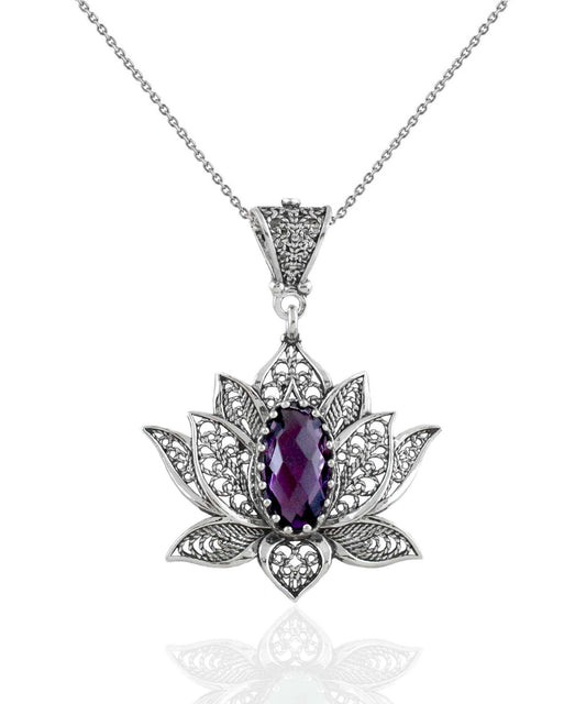 Amethyst Filigree Lotus Sterling Silver Pendant with Necklace