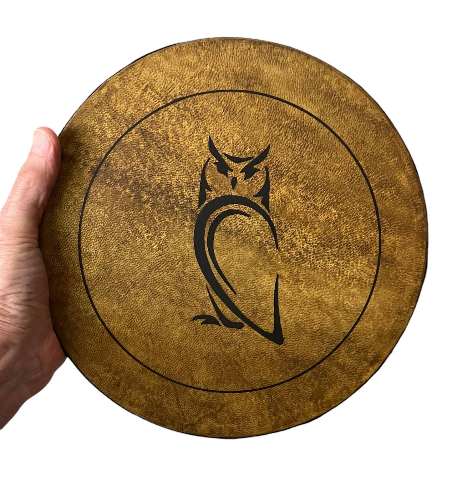 10" Owl Goat Hide Tambourine with Illuminated Display Stand
