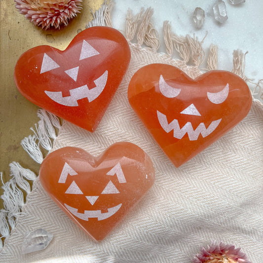 "Heart-O-Lantern" Halloween Selenite Jack-o-Lantern Hearts