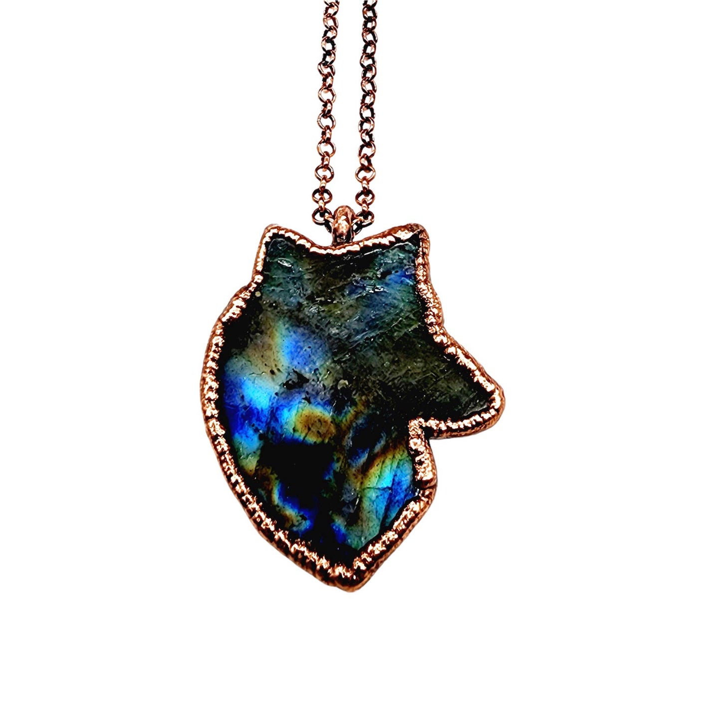 Carved Wolf Copper Wrapped Green Fire Labradorite Necklace