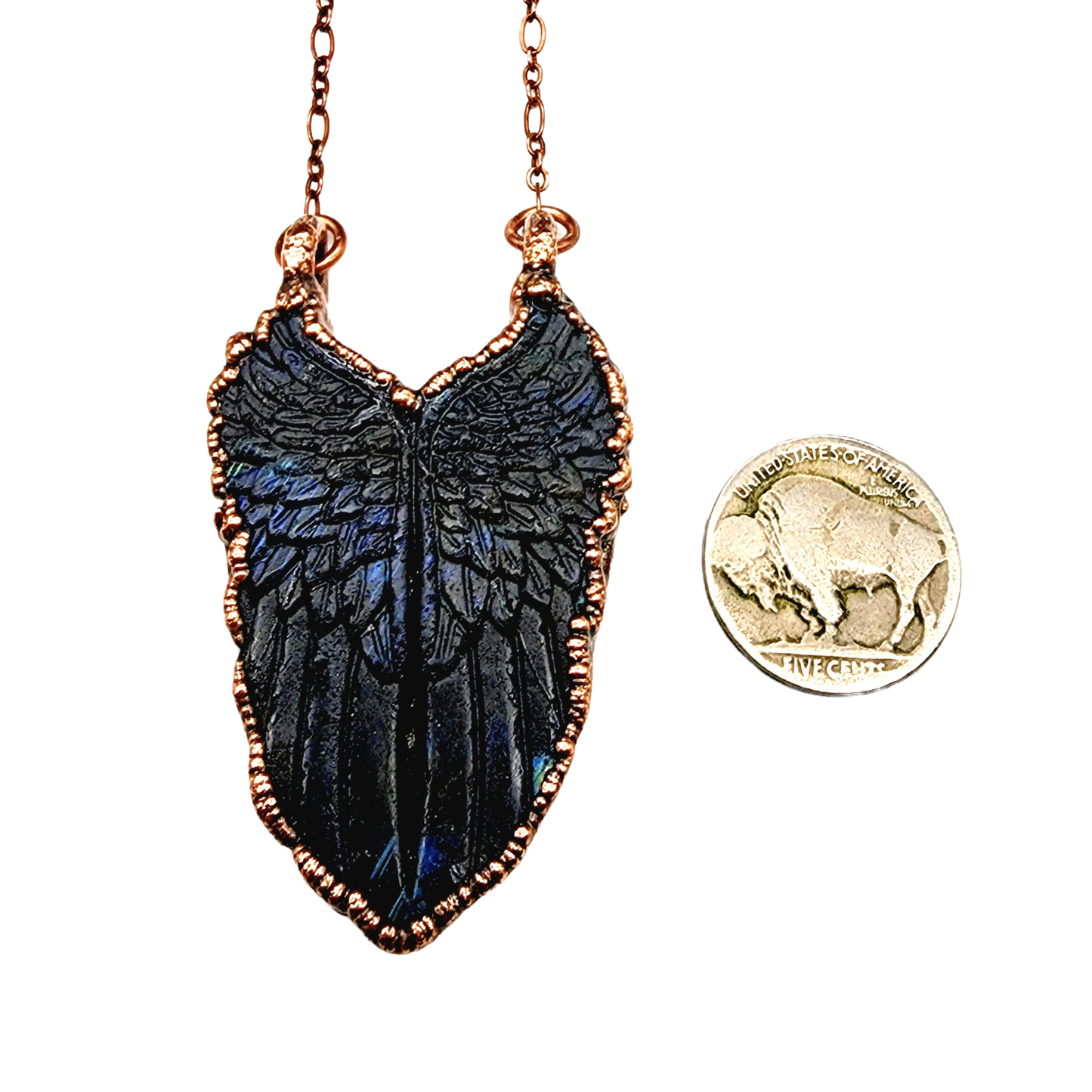 Angel Wings Copper Wrapped Green Fire Labradorite Necklace