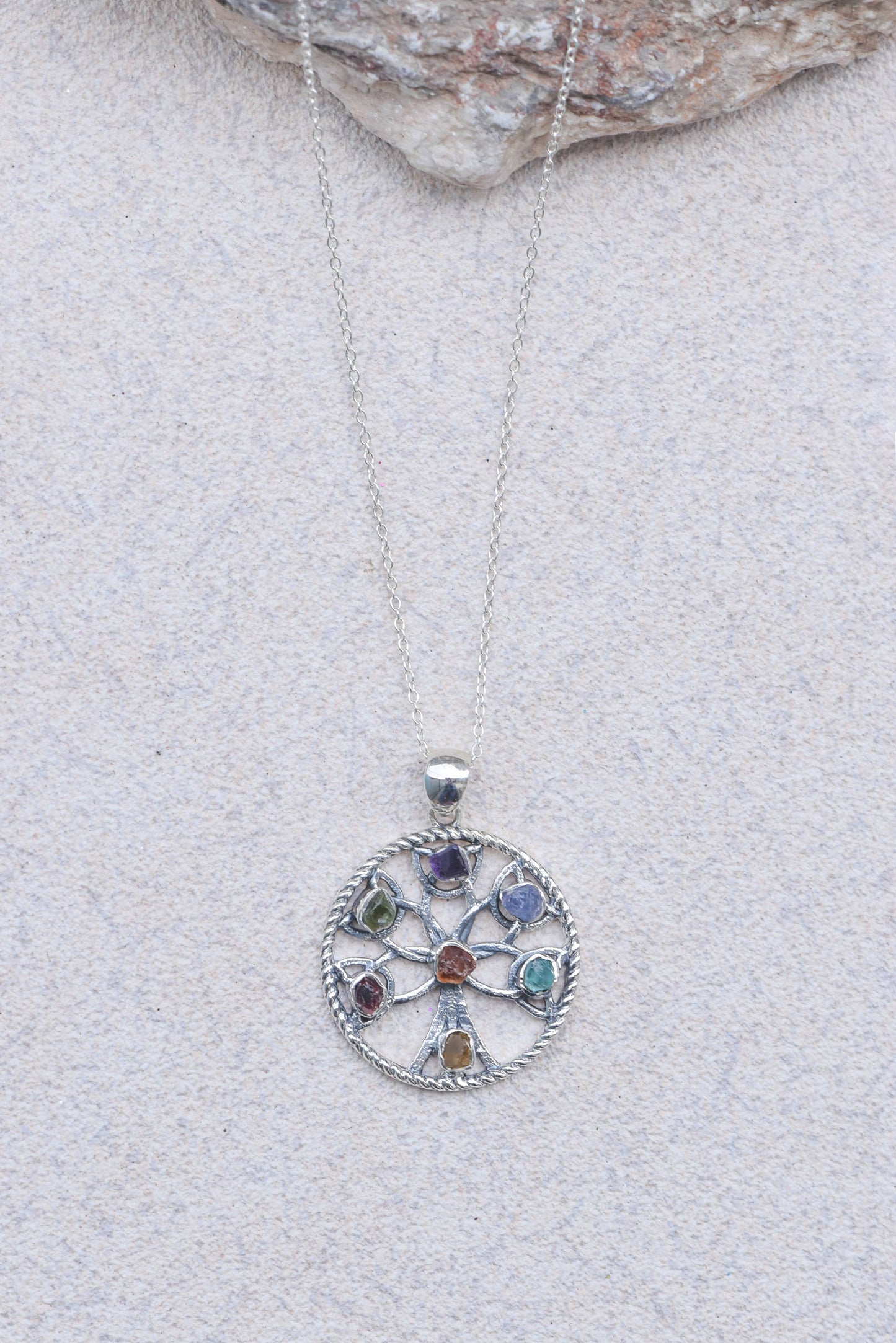 7 Stone Sterling Silver Chakra Pendant with Necklace